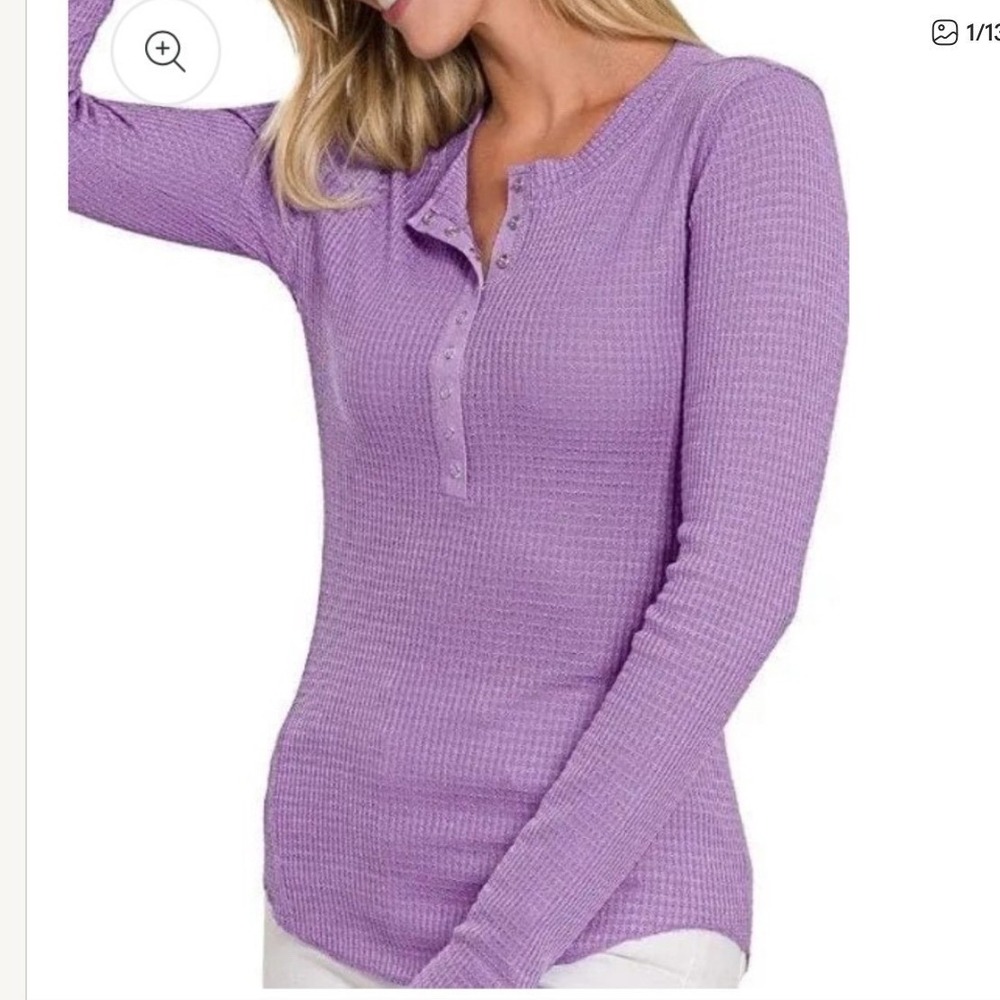 New Zenana Women's Large Lavender Waffle Long Sleeve Henley JT-2155G7
